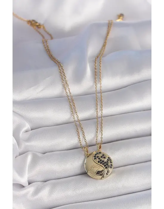 316L Çelik Gold Renk Zincir Zirkon Taşlı Ying Yang Model Gün Batımı İşlemeli Arkadaşlık Kadın Kolye