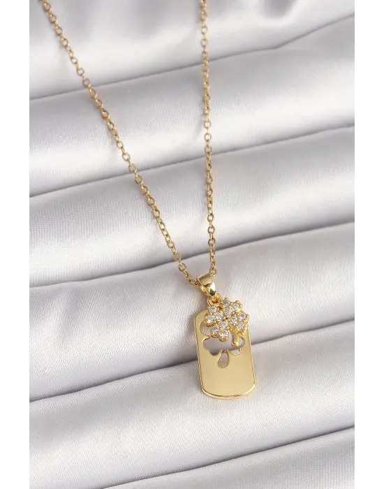 316L Çelik Gold Renk Zincir Zirkon Taşlı Yonca Model Kadın Kolye