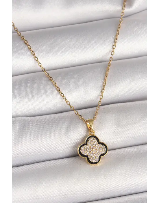 316L Çelik Gold Renk Zincir Zirkon Taşlı Yonca Model Kadın Kolye