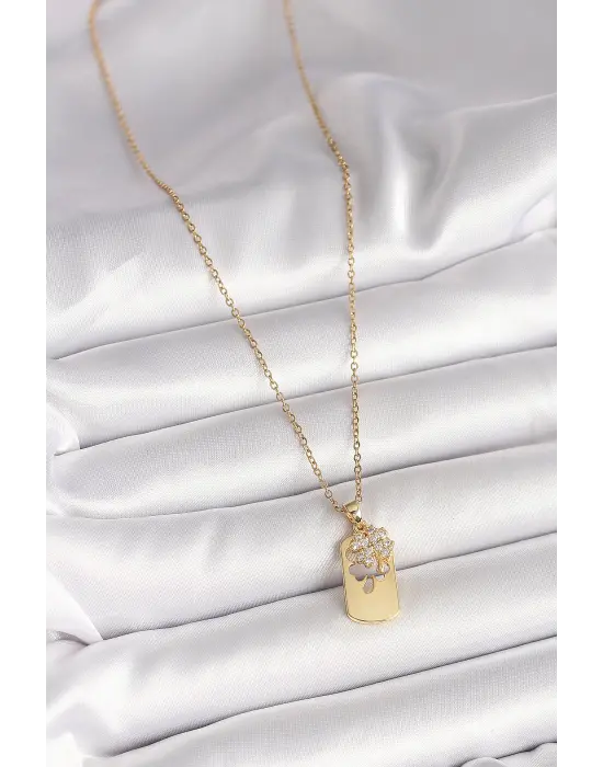 316L Çelik Gold Renk Zincir Zirkon Taşlı Yonca Model Kadın Kolye