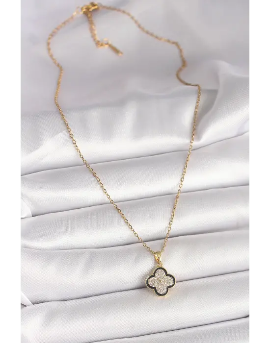 316L Çelik Gold Renk Zincir Zirkon Taşlı Yonca Model Kadın Kolye
