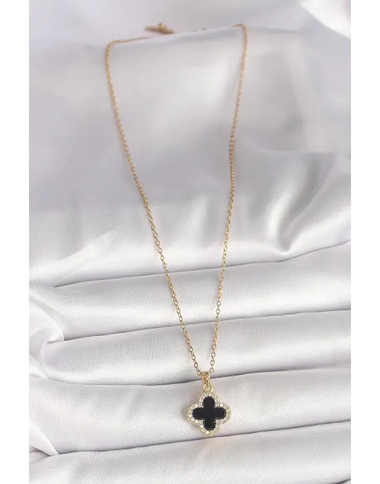 316L Çelik Gold Renk Zincir Zirkon Taşlı Yonca Model Kadın Kolye