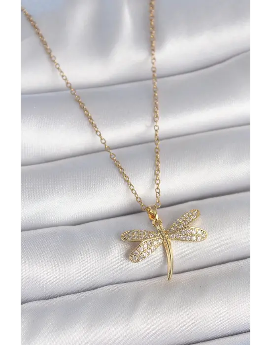 316L Çelik Gold Renk Zincir Zirkon Taşlı Yusufçuk Model Kadın Kolye