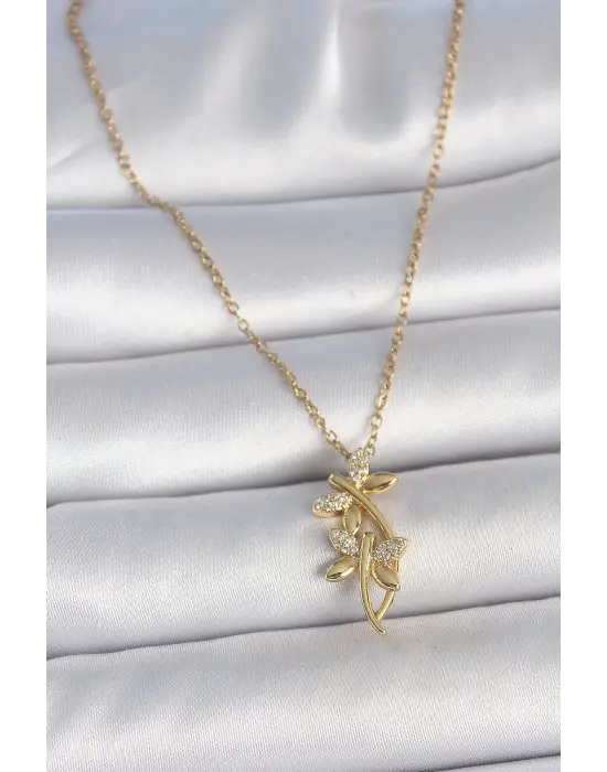 316L Çelik Gold Renk Zincir Zirkon Taşlı Yusufçuk Model Kadın Kolye