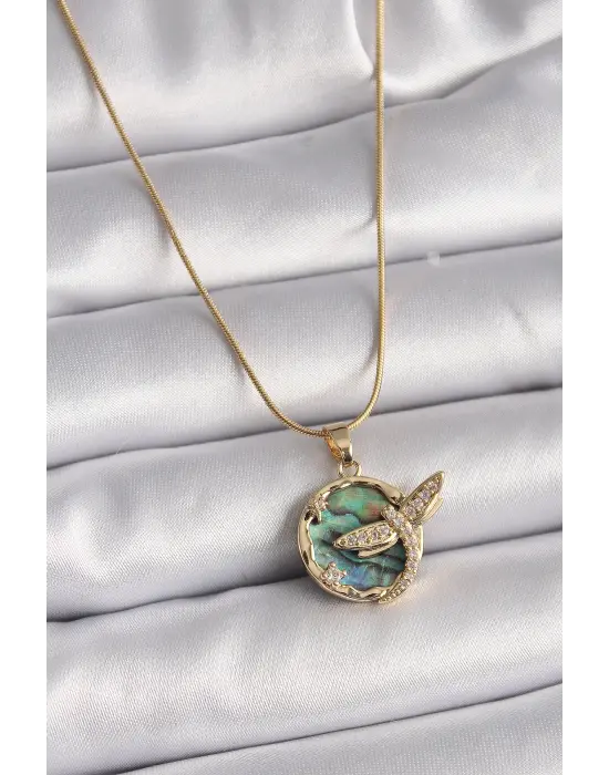  Altın  Zincir Zirkon Taşlı Yusufçuk Model  Çelik Kolye