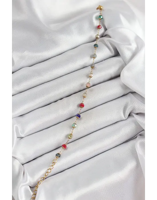 316L Çelik Gold Renk Zincirli Mix Renk Kristal Taşlı Kadın Bileklik