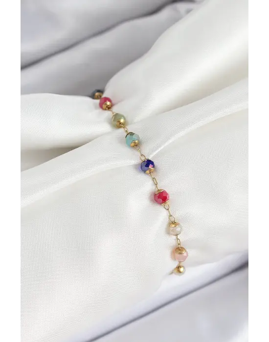 316L Çelik Gold Renk Zincirli Mix Renk Kristal Taşlı Kadın Bileklik