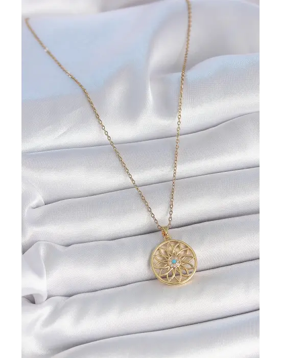 316L Çelik Gold Renk Zincr Mavi Taşlı Lotus Model Kadın Kolye