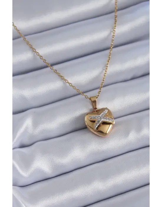  Altın  Zirkon Detay Kalp Model  Çelik Kolye