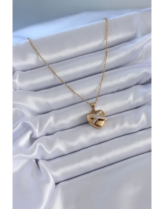  Altın  Zirkon Detay Kalp Model  Çelik Kolye