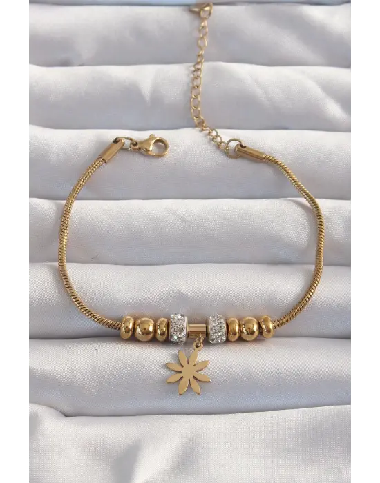 316L Çelik Gold Renk Zirkon Taş Aksesuarlı Çiçek Bileklik