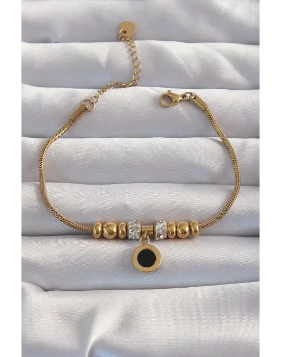 316L Çelik Gold Renk Zirkon Taş Aksesuarlı Siyah Mineli Cartier Bileklik