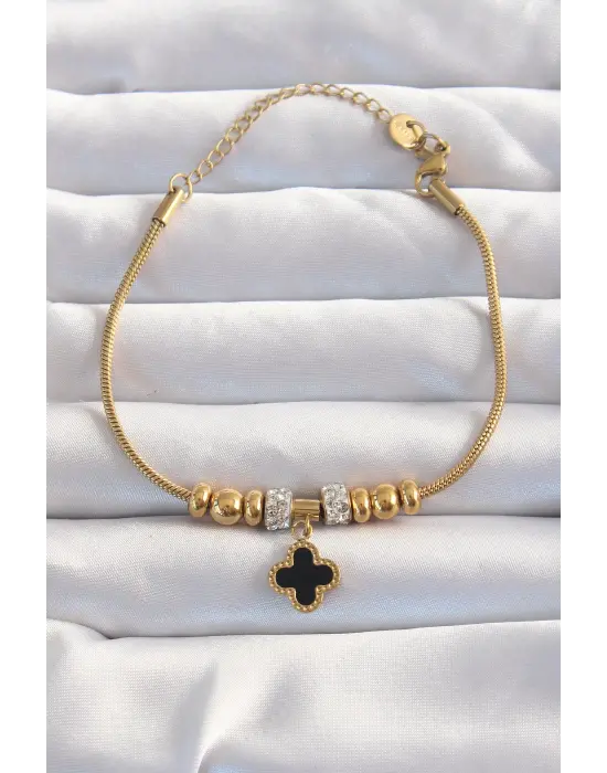 316L Çelik Gold Renk Zirkon Taş Aksesuarlı Siyah Mineli Yonca Bileklik