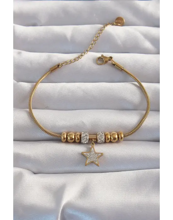 316L Çelik Gold Renk Zirkon Taş Aksesuarlı Yıldız Bileklik