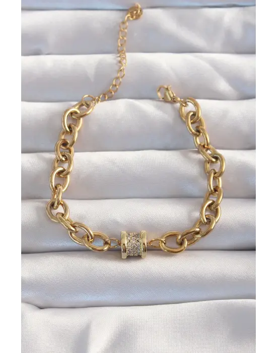 316L Çelik Gold Renk Zirkon Taş Aksesuarlı Zincir Bileklik