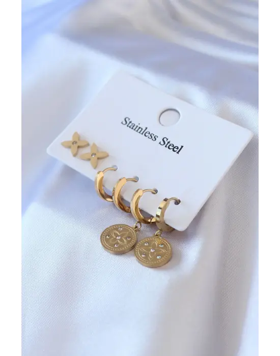   Altın Zirkon Taş Detay Çiçek İşleme Çelik Küpe Seti