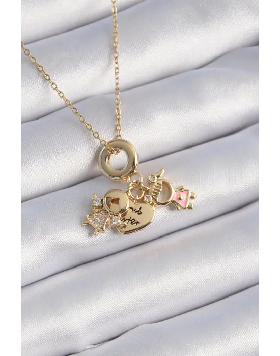  Altın  Zirkon Taş Detay Çocuk Figür Charm Model  Çelik Kolye