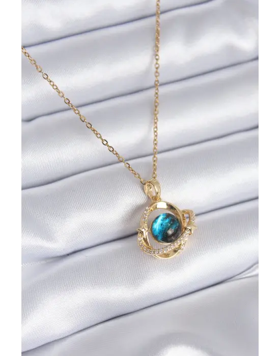 316L Çelik Gold Renk Zirkon Taş Detay Gezegen Model Kadın Kolye