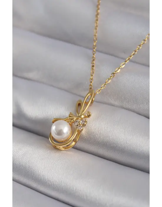  Altın  Zirkon Taş Detay İncili  Çelik Kolye