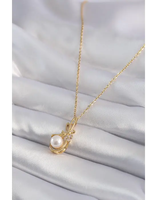  Altın  Zirkon Taş Detay İncili  Çelik Kolye