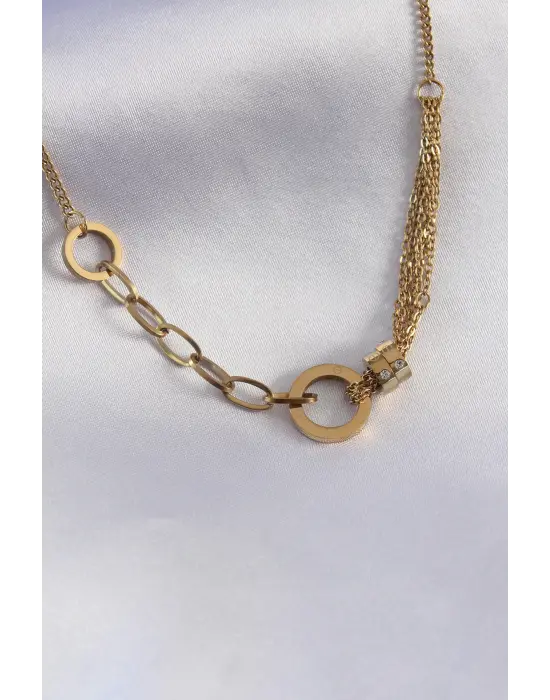 316L Çelik Gold Renk Zirkon Taş Detay Kadın Kolye