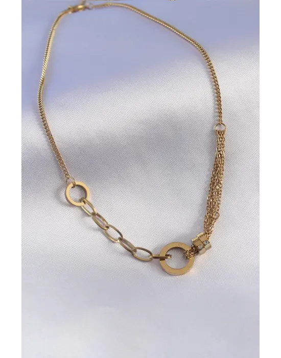 316L Çelik Gold Renk Zirkon Taş Detay Kadın Kolye