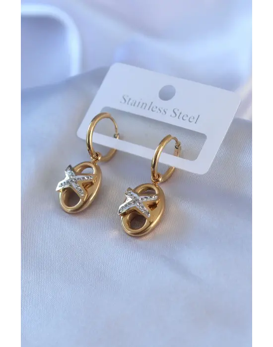   Altın Zirkon Taş Detay Çelik Küpe