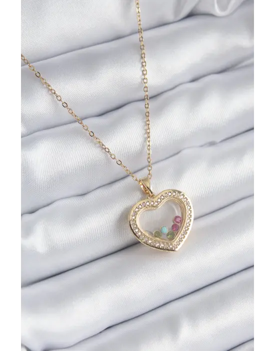  Altın  Zirkon Taş Detay Kalp Fanus Model  Çelik Kolye