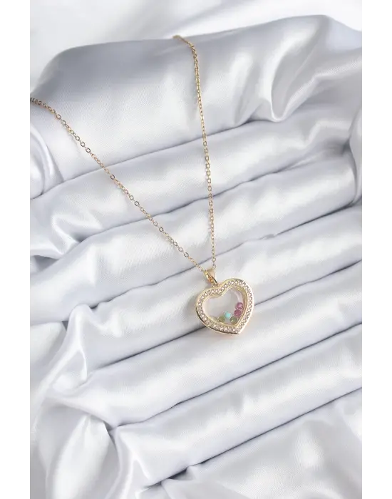  Altın  Zirkon Taş Detay Kalp Fanus Model  Çelik Kolye