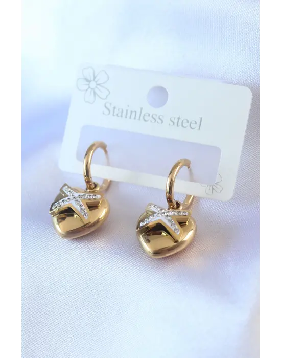   Altın Zirkon Taş Detay Kalp Model Çelik Küpe