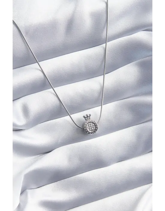  Altın  Zirkon Taş Detay Taç Model  Çelik Kolye