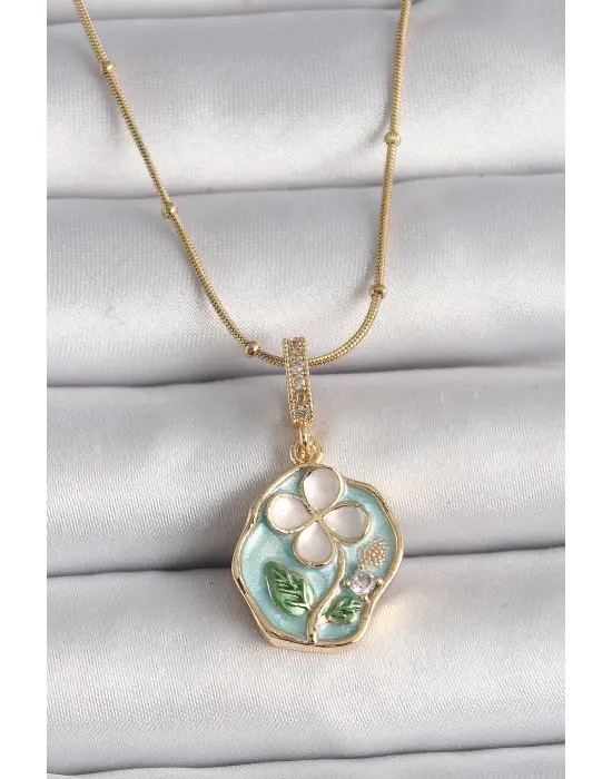  Altın  Zirkon Taş Detay Yonca İşleme Figür  Çelik Kolye