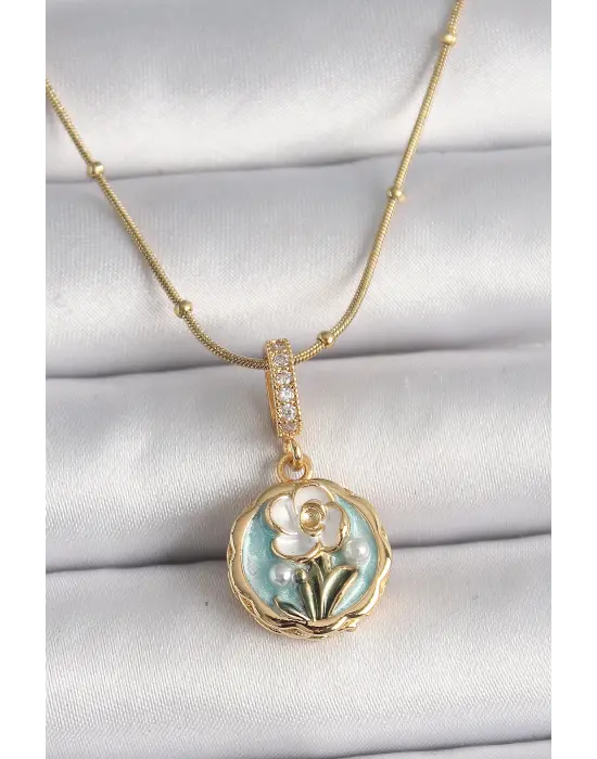  Altın  Zirkon Taş Detaylı Beyaz Çiçek İşleme Figür  Çelik Kolye