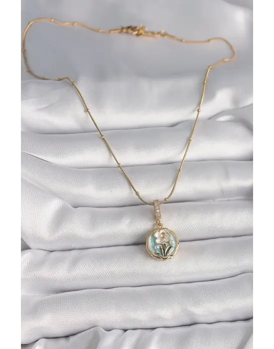  Altın  Zirkon Taş Detaylı Beyaz Çiçek İşleme Figür  Çelik Kolye