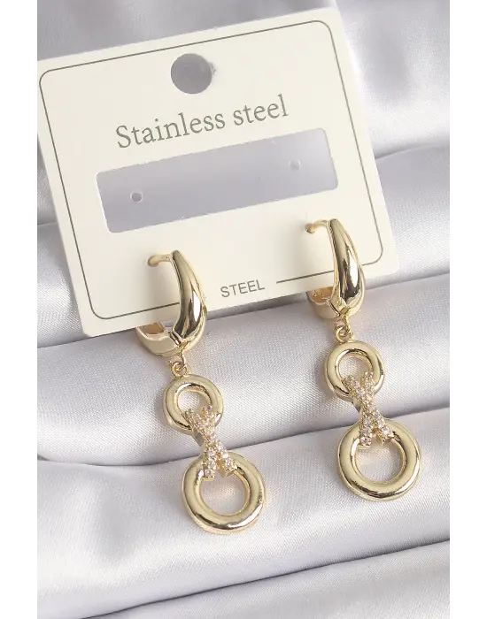   Altın Zirkon Taş Detaylı Sallantı Model Çelik Küpe