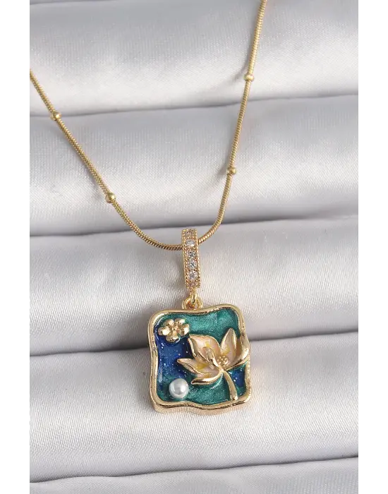  Altın  Zirkon Taş Detaylı Sarı Mineli Çiçek İşleme Figür  Çelik Kolye