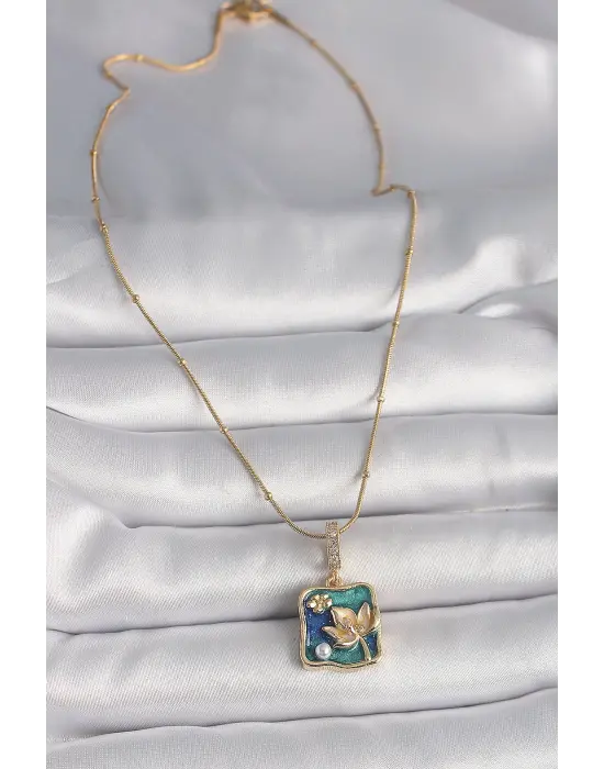  Altın  Zirkon Taş Detaylı Sarı Mineli Çiçek İşleme Figür  Çelik Kolye