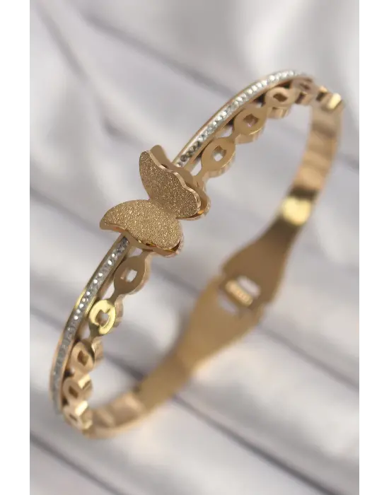 316L Çelik Gold Renk Zirkon Taş Detaylı Simli Kelebek Model Kadın Kelepçe