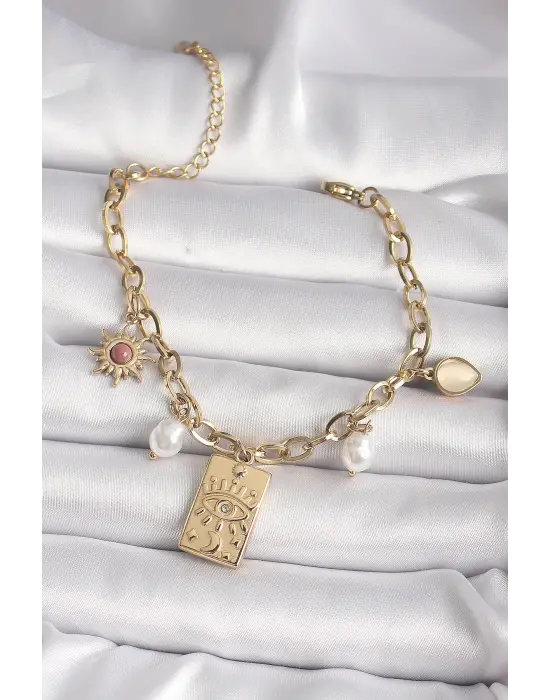 316L Çelik Gold Renk Zirkon Taş Detaylı Tarot Model İnci Detay Kadın Bileklik