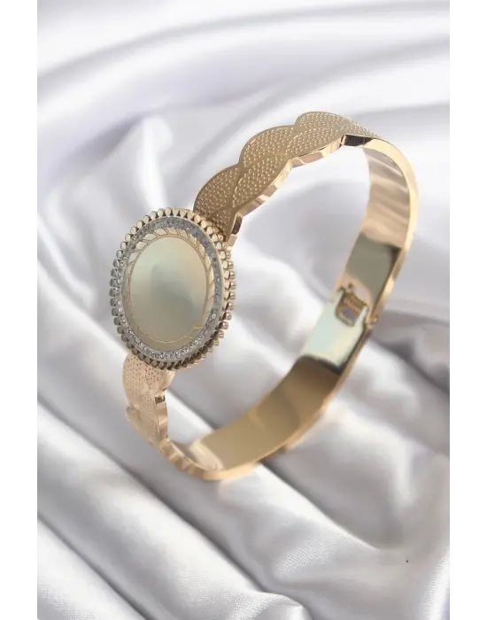 316L Çelik Gold Renk Zirkon Taş İşleme Detay Yazı Yazılabilir Model Kadın Kelepçe