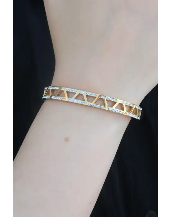 316L Çelik Gold Renk Zirkon Taş İşlemeli Kadın Kelepçe