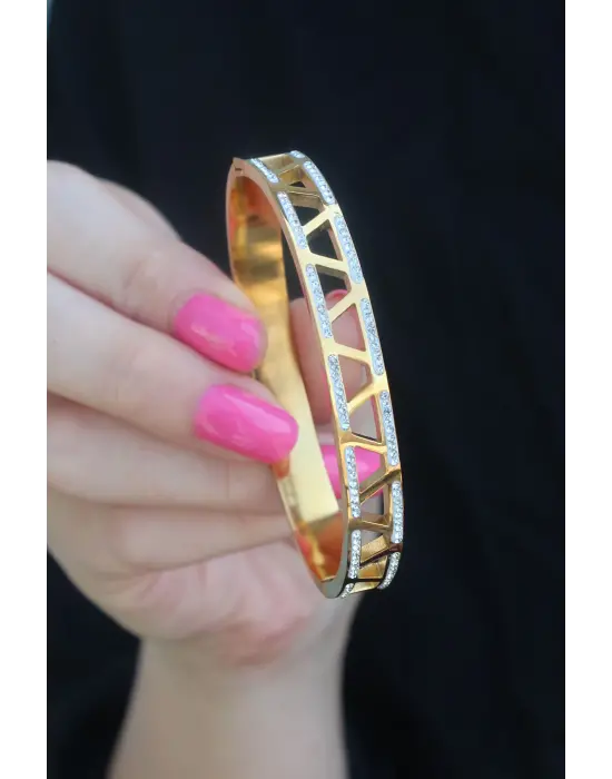 316L Çelik Gold Renk Zirkon Taş İşlemeli Kadın Kelepçe