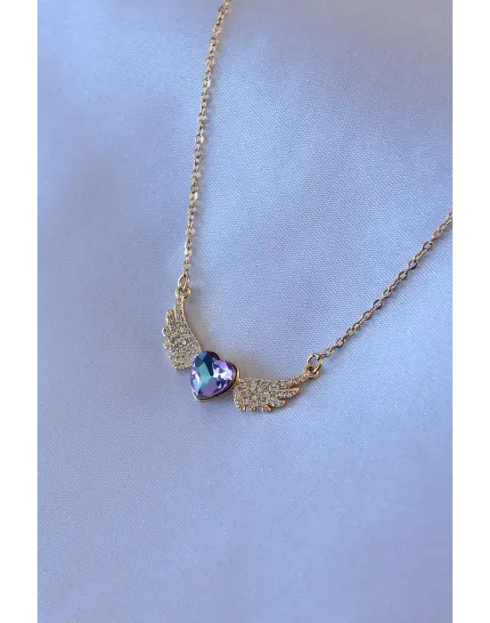  Altın  Zirkon Taş Kanatlı Kristal Kalpli Model  Çelik Kolye