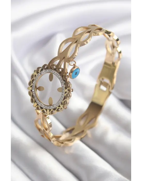 316L Çelik Gold Renk Zirkon Taş Sonsuzluk Detay Çeyrek Altın Takılabilir Kadın Kelepçe