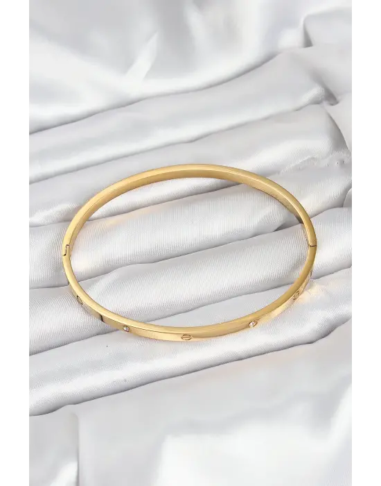 316L Çelik Gold Renk Zirkon Taşlı 65 mm İnce Kadın Kelepçe Bileklik
