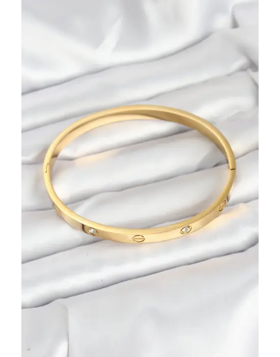316L Çelik Gold Renk Zirkon Taşlı 65 mm Kadın Kelepçe Bileklik
