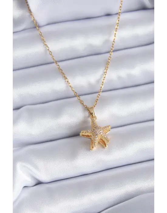  Altın  Zirkon Taşlı Açılır Deniz Yıldız Model İnci Detay  Çelik Kolye