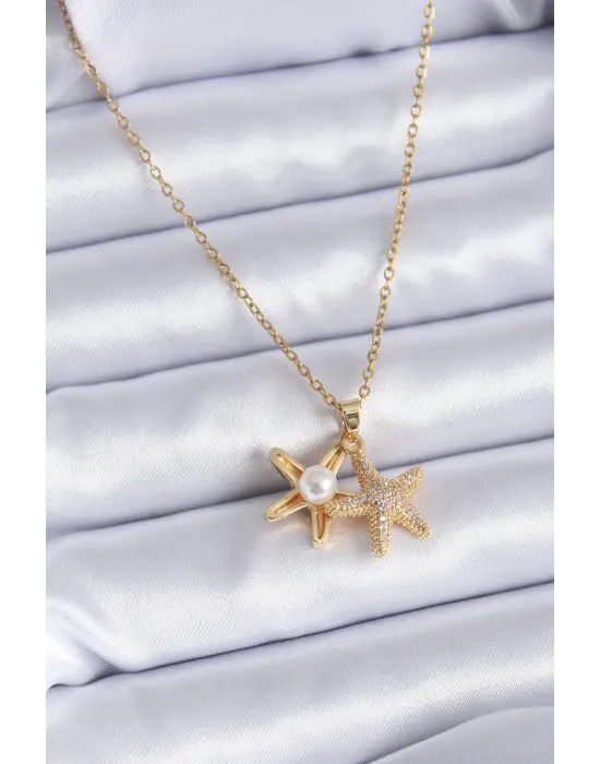  Altın  Zirkon Taşlı Açılır Deniz Yıldız Model İnci Detay  Çelik Kolye