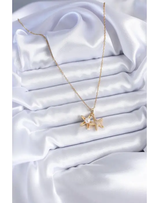  Altın  Zirkon Taşlı Açılır Deniz Yıldız Model İnci Detay  Çelik Kolye