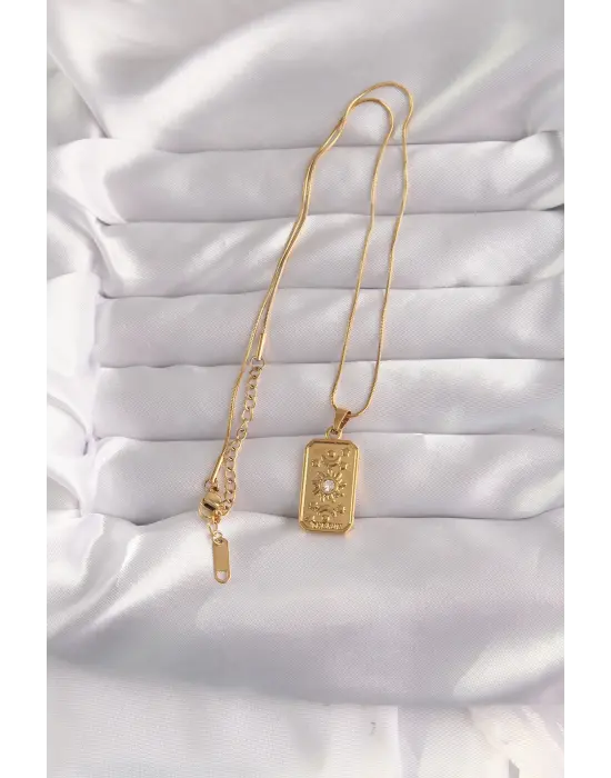  Altın  Zirkon Taşlı Aksesuarlı Vintage Çelik Kolye